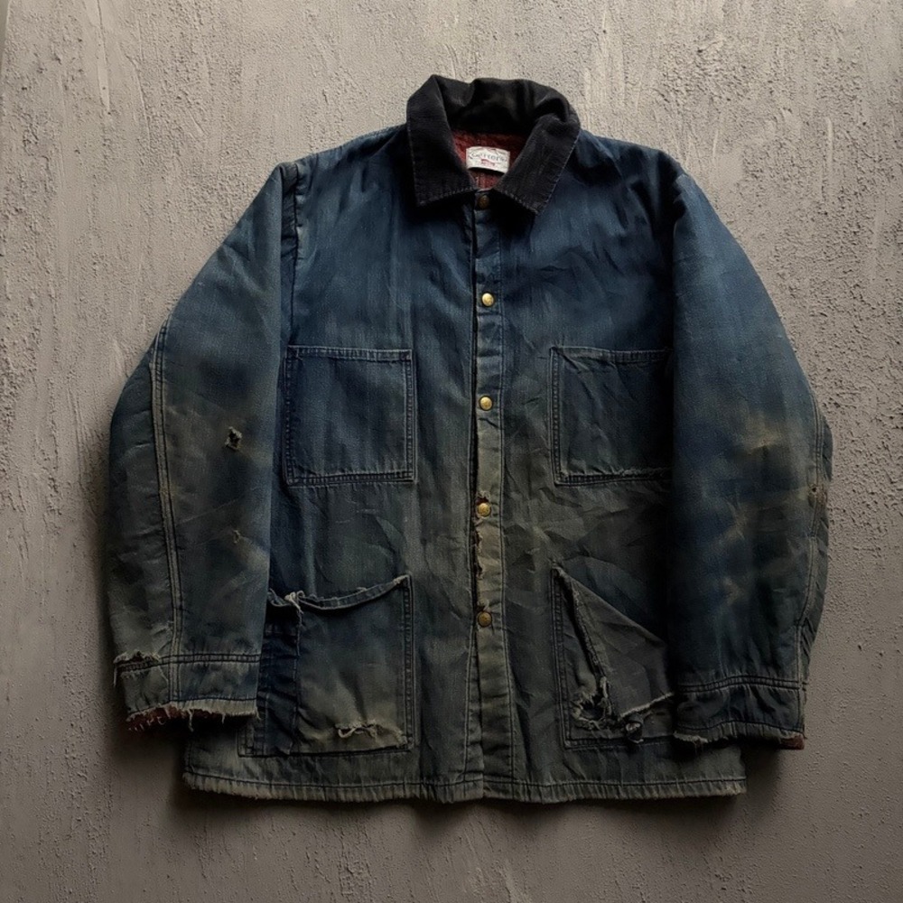 Vintage Carter's Denim Chore Coat No Medium Blue 1960s Blanket Lined Distressed